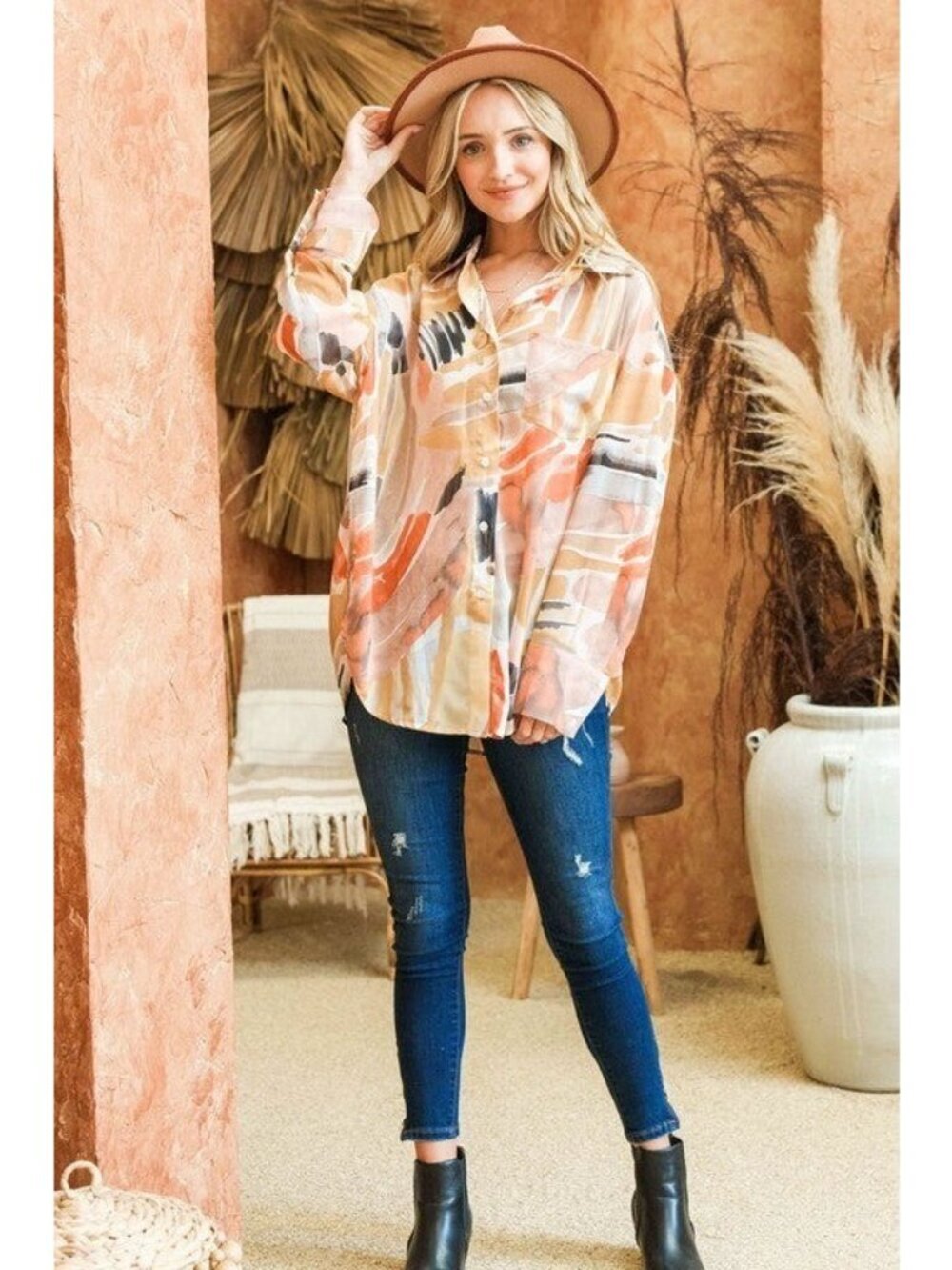 Villa Amber Oversized Button Down Shirt in Watercolor Terracotta Small - Picture 9 of 9